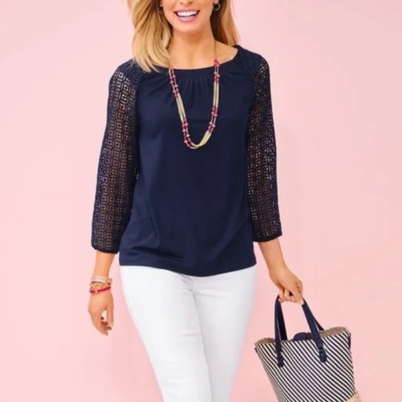 NWOT Talbots Eyelet Sleeve Top Navy - Picture 1 of 4